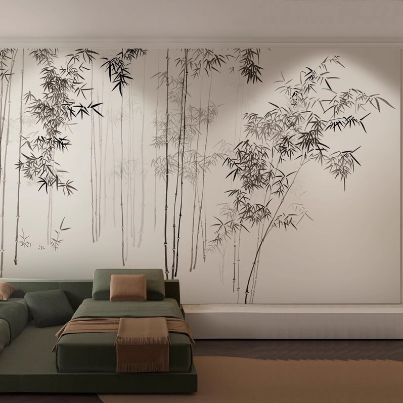 Tablou mural clasic în cerneală chineză cu bambus, din mătase, pentru spațiu Zen ceainărie și birou — acoperire de perete din mătase, trei straturi, stil retro