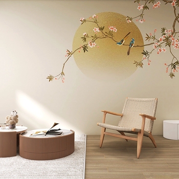 Tapet decorativ în stil neo-chinezesc cu motive florale și păsări, pentru fundal TV, textură mătase, living și dormitor
