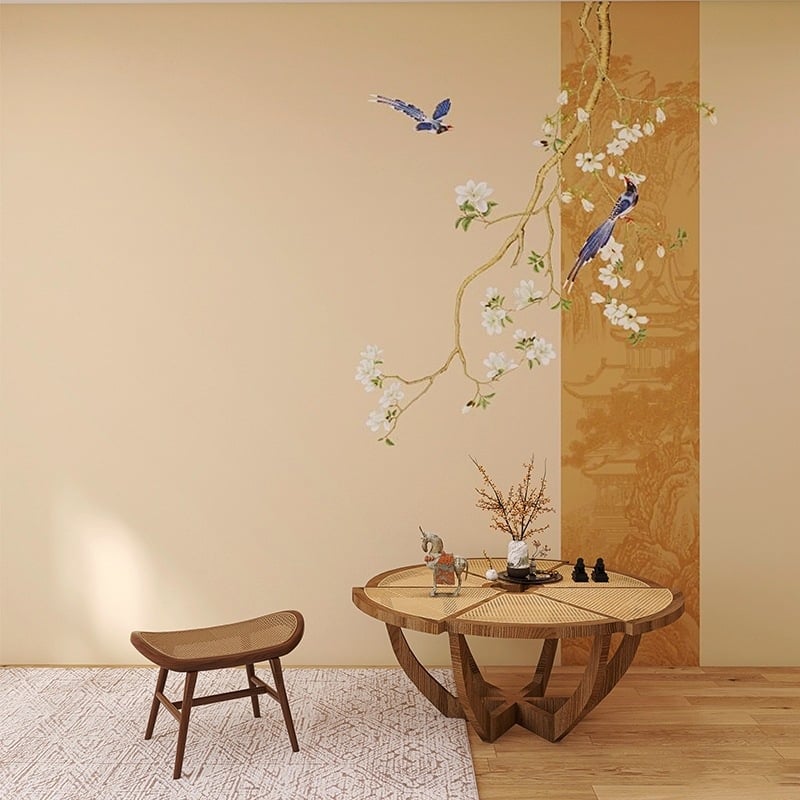 Tapet decorativ în stil neo-chinezesc cu motive florale și păsări, pentru fundal TV, textură mătase, living și dormitor