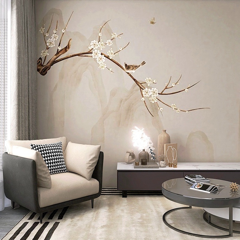 Tapet decorativ în stil neo-chinezesc cu motive florale și păsări, pentru fundal TV, textură mătase, living și dormitor