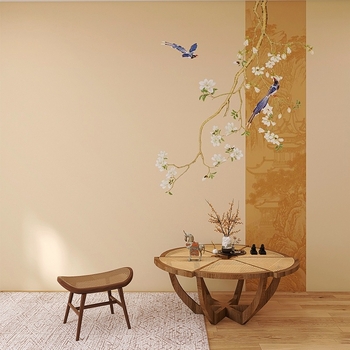 Tapet cu motiv lunar circular, flori și păsări în stil chinezesc modern – pentru living, hotel și restaurant – tapet de perete elegant
