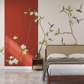 Tapet cu motiv lunar circular, flori și păsări în stil chinezesc modern – pentru living, hotel și restaurant – tapet de perete elegant