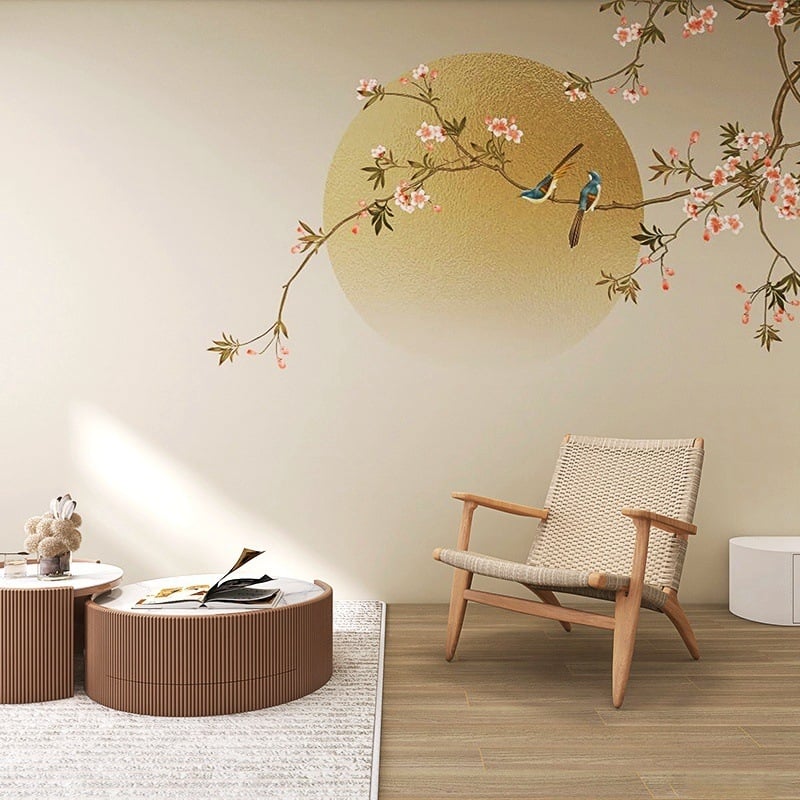 Tapet cu motiv lunar circular, flori și păsări în stil chinezesc modern – pentru living, hotel și restaurant – tapet de perete elegant