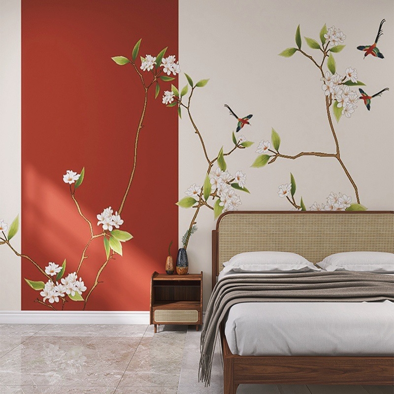 Tapet cu motiv lunar circular, flori și păsări în stil chinezesc modern – pentru living, hotel și restaurant – tapet de perete elegant