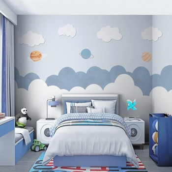 Tapet minimalist cu planete și nori pentru camera copiilor