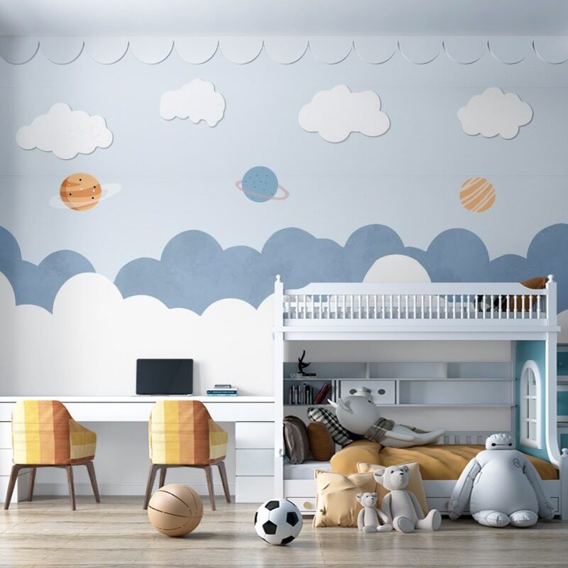 Tapet minimalist cu planete și nori pentru camera copiilor