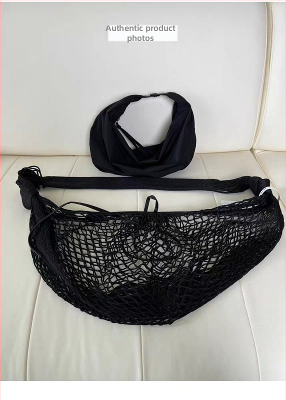 Geantă crossbody din nylon, design plasă, formă croissant, închidere cu șnur