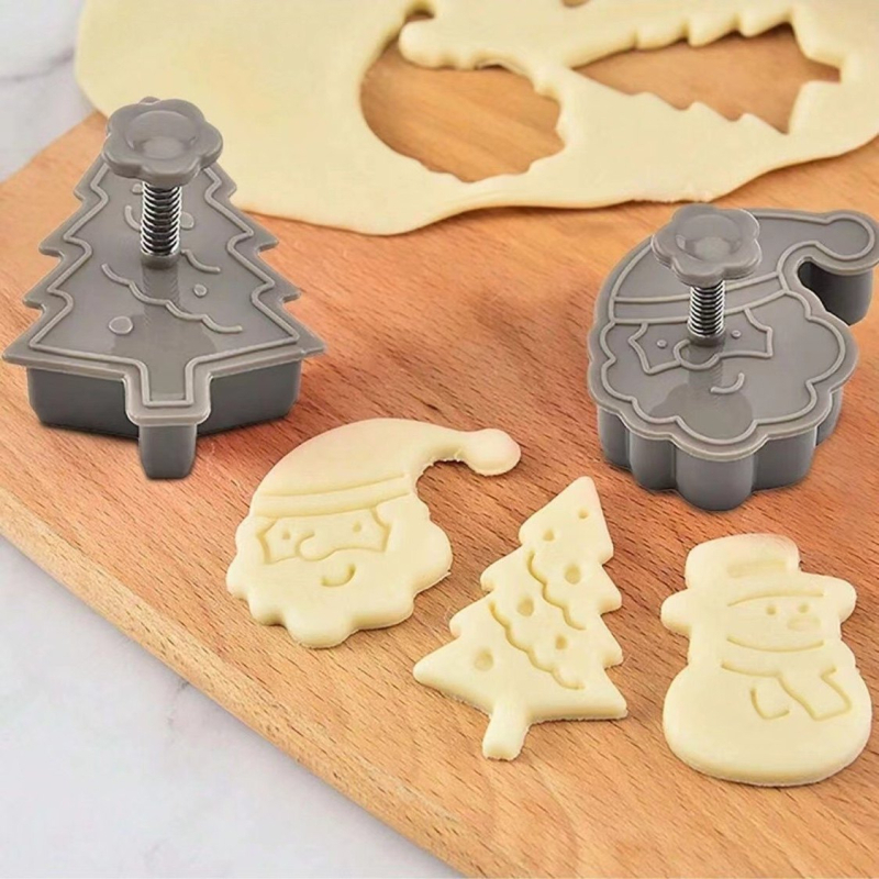 Tăietor de biscuiți din plastic 3D pentru Crăciun, cu mâner arcuit și presare, instrument DIY pentru bucătărie