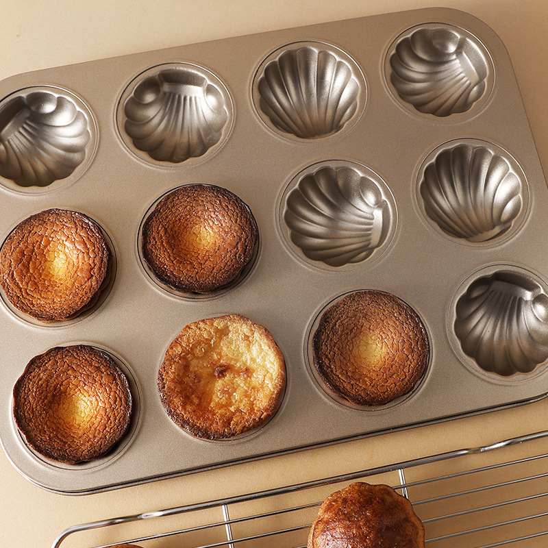 Formă de madeleines antiaderentă cu 12 cavități, formă de scoică, din oțel-carbon pentru prăjituri mici