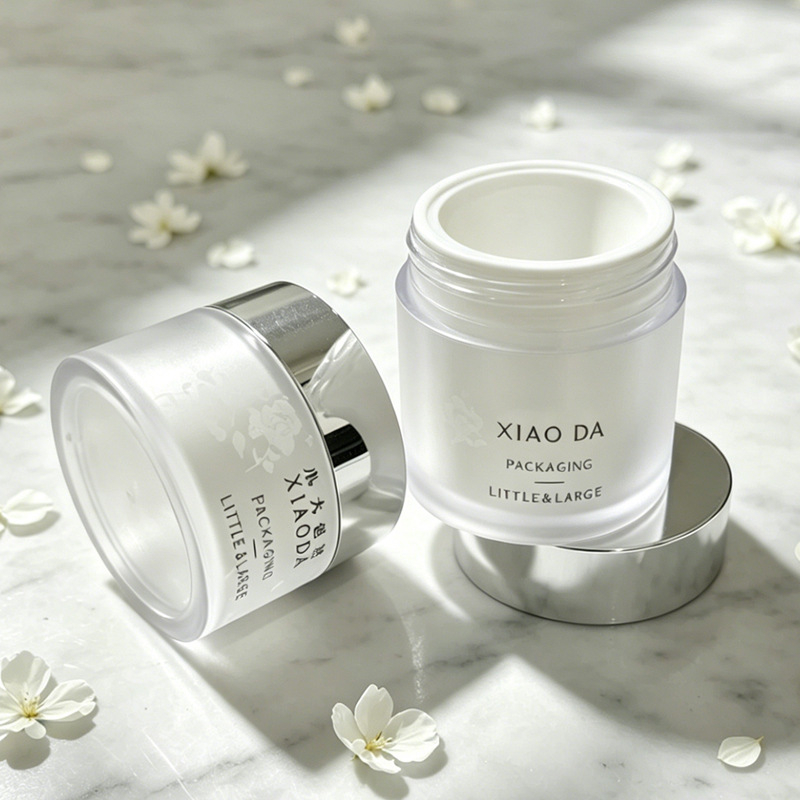 Set de ambalaje cosmetic cu recipiente multiple: sticlă mată de 120 ml cu capac argintiu și dop interior, flacon spray de 100 ml, loțiune 30 ml, cremă 30 g, cremă 50 g