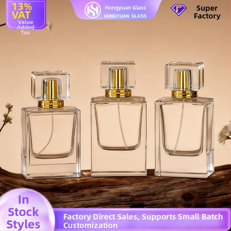 Sticla transparentă pătrată de 50 ml, goală, cu capac, bază groasă, gât bayonet 15 pentru cosmetice și spray de parfum