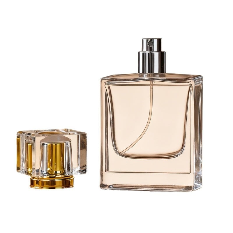 Sticla transparentă pătrată de 50 ml, goală, cu capac, bază groasă, gât bayonet 15 pentru cosmetice și spray de parfum