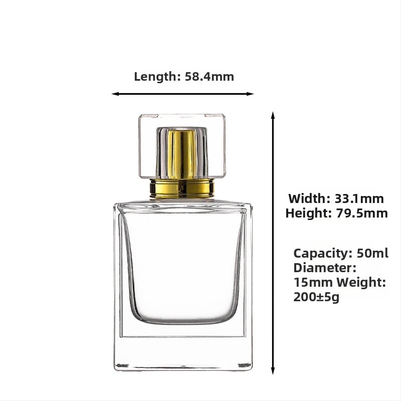 Sticla transparentă pătrată de 50 ml, goală, cu capac, bază groasă, gât bayonet 15 pentru cosmetice și spray de parfum