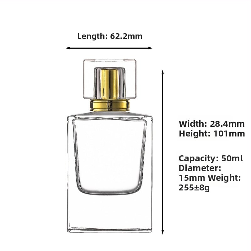 Sticla transparentă pătrată de 50 ml, goală, cu capac, bază groasă, gât bayonet 15 pentru cosmetice și spray de parfum