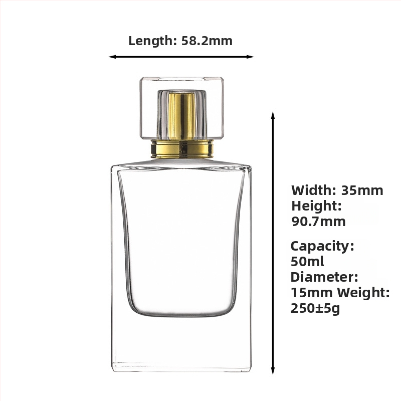 Sticla transparentă pătrată de 50 ml, goală, cu capac, bază groasă, gât bayonet 15 pentru cosmetice și spray de parfum