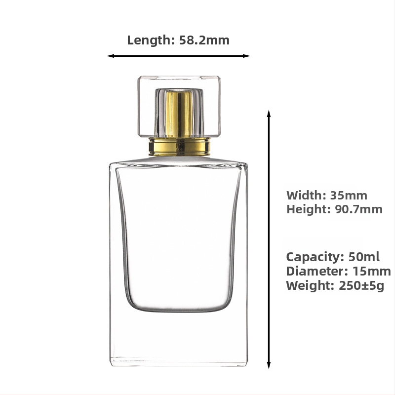 Sticla transparentă pătrată de 50 ml, goală, cu capac, bază groasă, gât bayonet 15 pentru cosmetice și spray de parfum