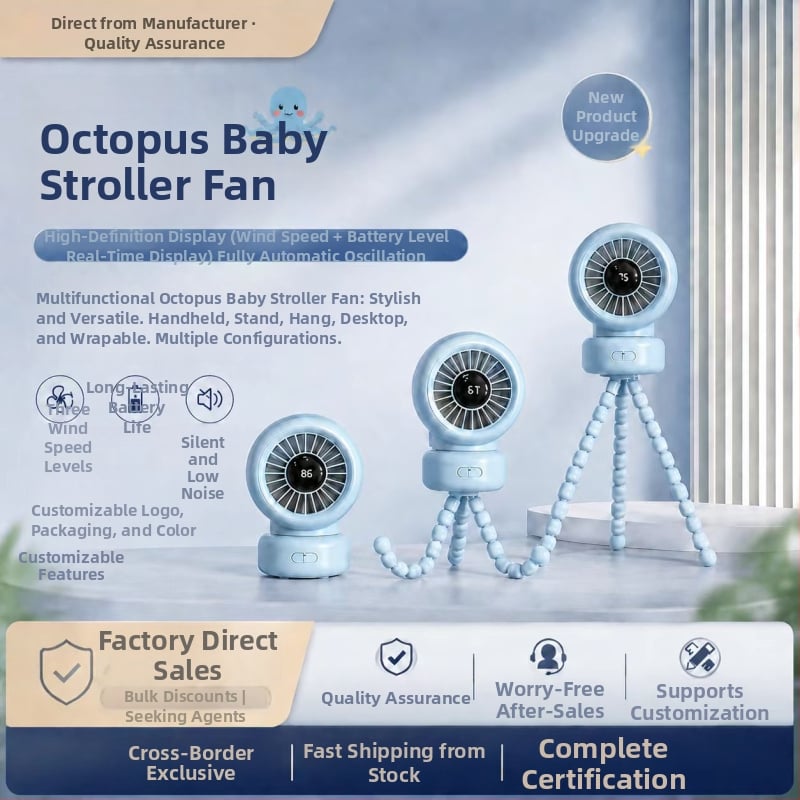 2026 Nový prenosný stolový ventilátor do kočíka Octopus s USB oscilačným portom pre bábätká a kemping.