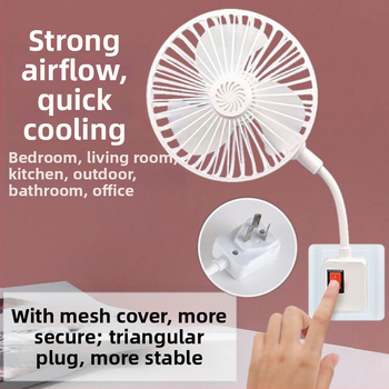 Kompaktný stolový ventilátor s tromi výstupmi a ochranným krytom do kuchyne a kúpeľne.