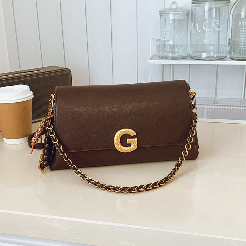 Geantă de subraț cu lanț, stil retro, capacitate mare, poșetă de umăr crossbody la modă, senzație premium, PU