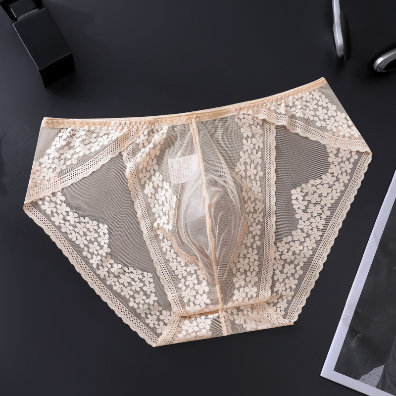 Chiloți bărbați cu dantelă în stil franțuzesc, respirabili, ușori, elastici, din Ice Silk, cu buzunar 3D