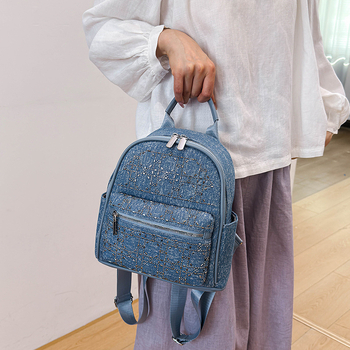 Rucsac dama din denim cu capacitate mare, stil retro, pentru călătorii casual
