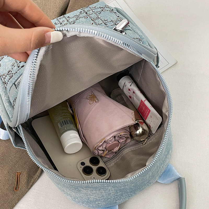 Rucsac dama din denim cu capacitate mare, stil retro, pentru călătorii casual