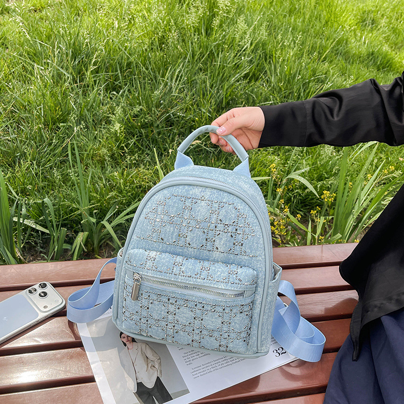 Rucsac dama din denim cu capacitate mare, stil retro, pentru călătorii casual