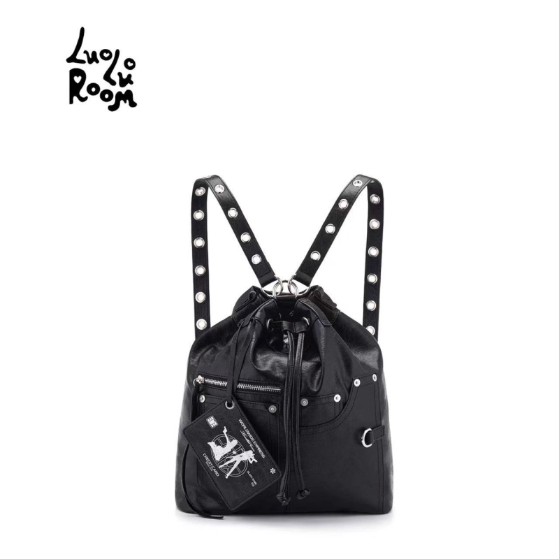 Rucsac nou în stil motociclet cu ținte, Luoluoroom, negru, geantă de umăr crossbody cu șnur