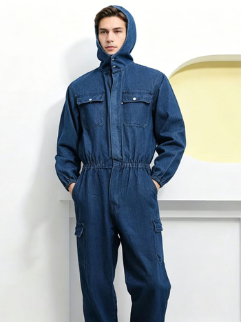 Combinezon denim cu glugă și benzi reflectorizante, pentru sudură, reparații auto și vopsire — rezistent la uzură și murdărie