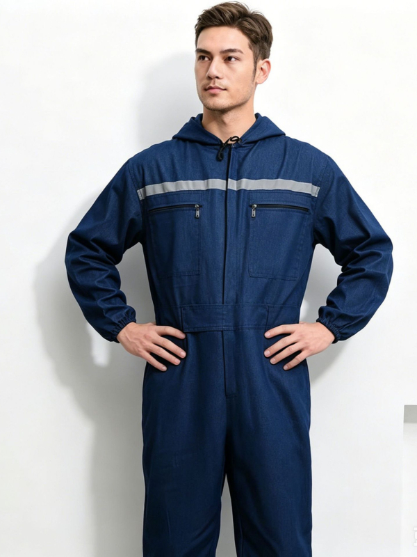 Combinezon denim cu glugă și benzi reflectorizante, pentru sudură, reparații auto și vopsire — rezistent la uzură și murdărie
