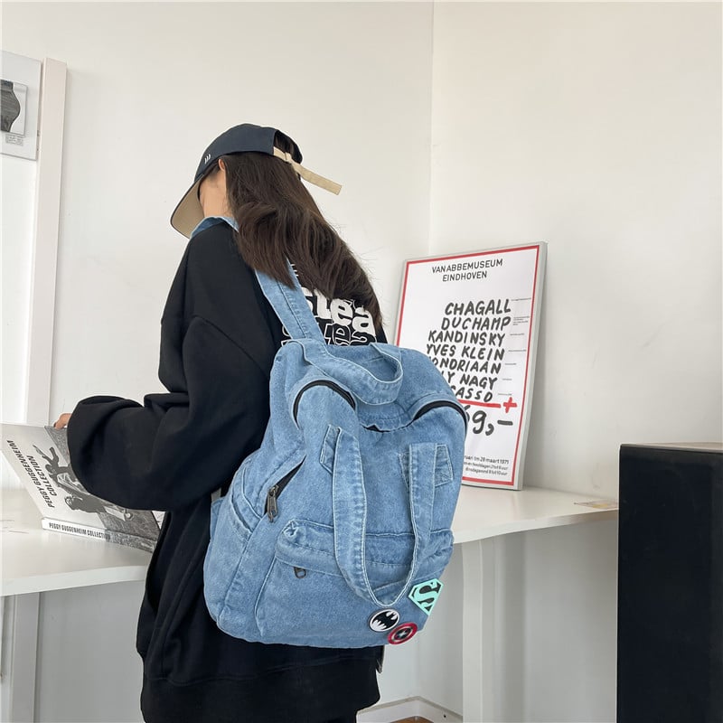 Rucsac damă din denim, în stil Harajuku japonez, cu influențe retro Hong Kong, casual pentru uz zilnic și pentru călătorii.