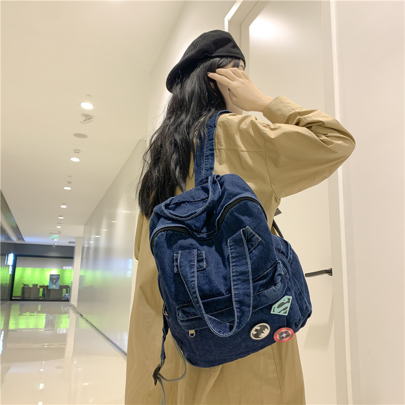Rucsac damă din denim, în stil Harajuku japonez, cu influențe retro Hong Kong, casual pentru uz zilnic și pentru călătorii.