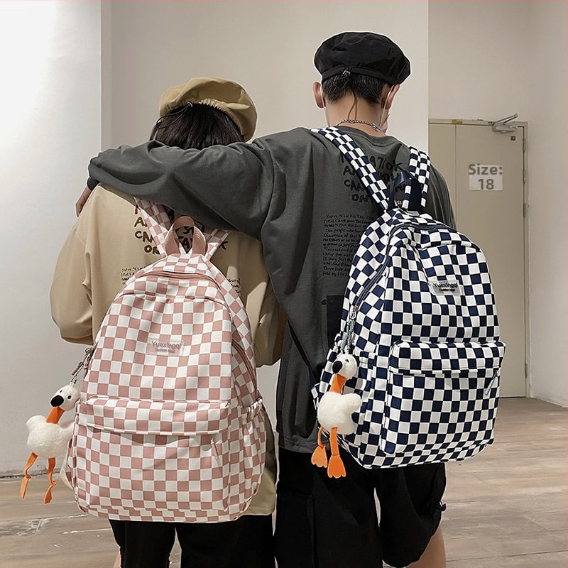Kockovaný batoh inšpirovaný Harajuku, unisex pre študentov