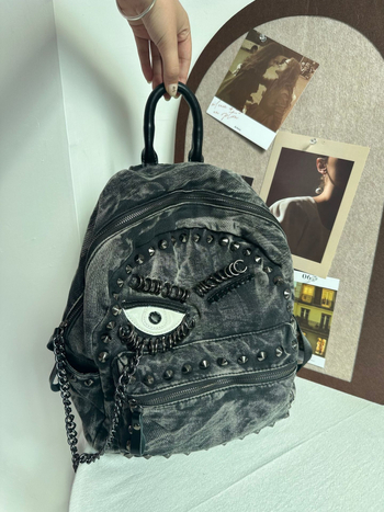 Rucsac din denim cu nituțe în formă de ochi și lanț, casual, mare capacitate