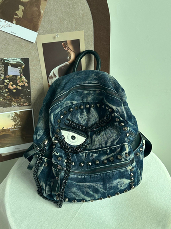 Rucsac din denim cu nituțe în formă de ochi și lanț, casual, mare capacitate