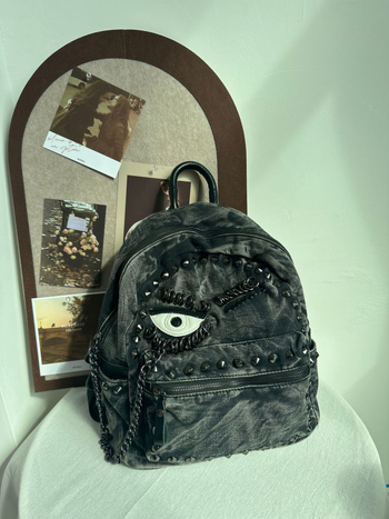 Rucsac din denim cu nituțe în formă de ochi și lanț, casual, mare capacitate