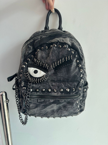Rucsac din denim cu nituțe în formă de ochi și lanț, casual, mare capacitate