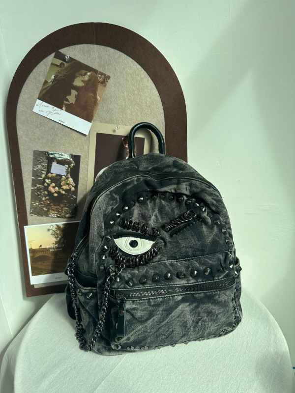 Rucsac din denim cu nituțe în formă de ochi și lanț, casual, mare capacitate