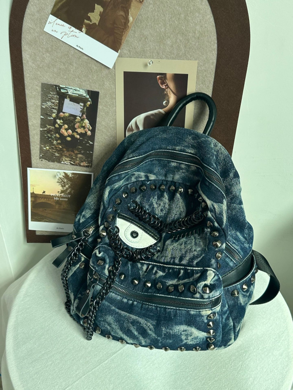 Rucsac din denim cu nituțe în formă de ochi și lanț, casual, mare capacitate