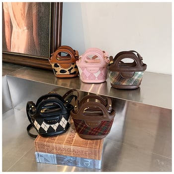 Geantă bucket în stil coreean cu patchwork și model carouri, mini geantă pentru femei, portofel pentru monede și husă pentru ruj