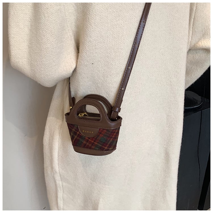 Geantă bucket în stil coreean cu patchwork și model carouri, mini geantă pentru femei, portofel pentru monede și husă pentru ruj
