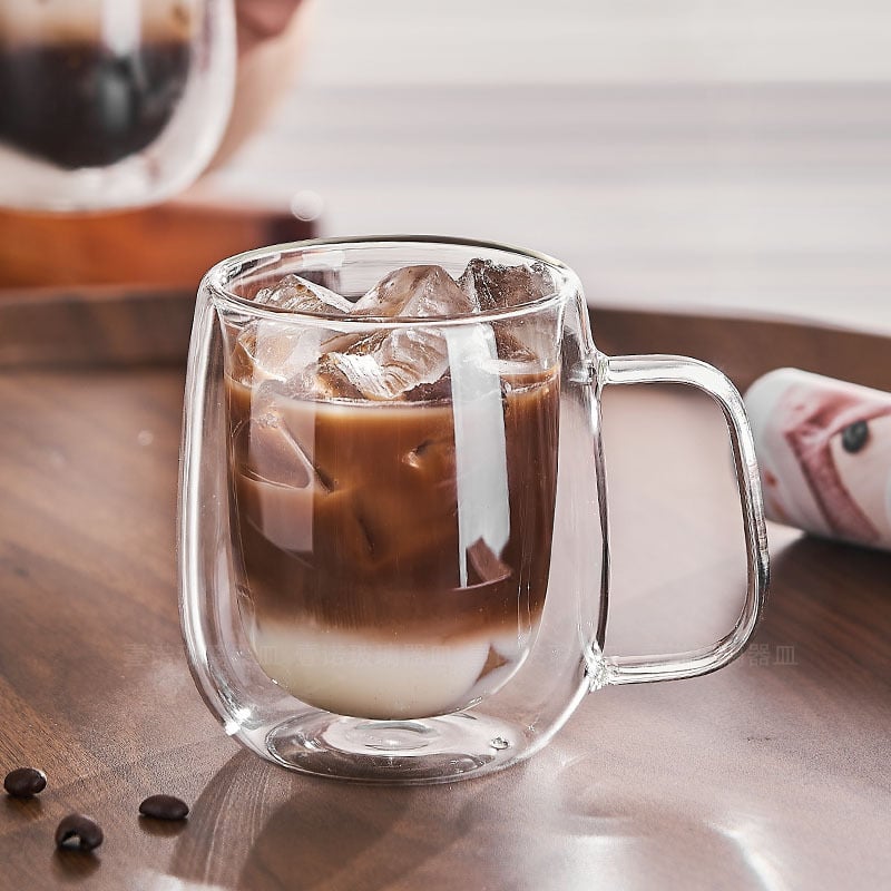 Ceașcă de cafea din sticlă cu pereți dubli, rezistentă la temperaturi, cu mâner
