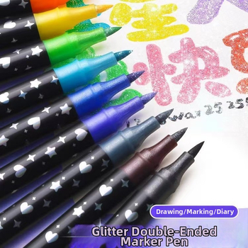 Puha hegyny fluoreszcens filcek általános iskola művészetéhez, dupla hegyszú dvö é colors glitter tollak vízfesték tollakkal és csillámporos színes markerek