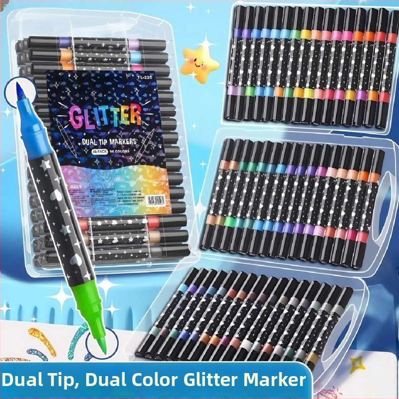 Puha hegyny fluoreszcens filcek általános iskola művészetéhez, dupla hegyszú dvö é colors glitter tollak vízfesték tollakkal és csillámporos színes markerek