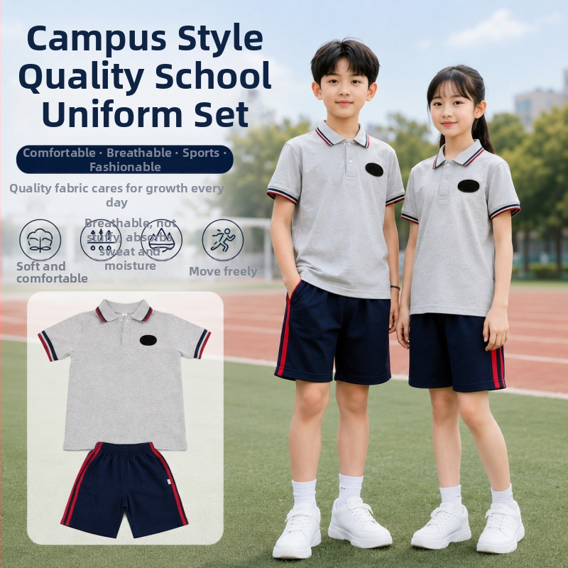 Letná školská uniforma s krátkym rukávom a šortkami, priedušný športový outfit na školské podujatia, unisex