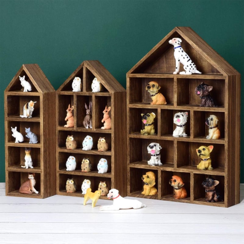 Suport de afișare pentru figurine, montat pe perete, din lemn, cu cinci etaje – design minimalist