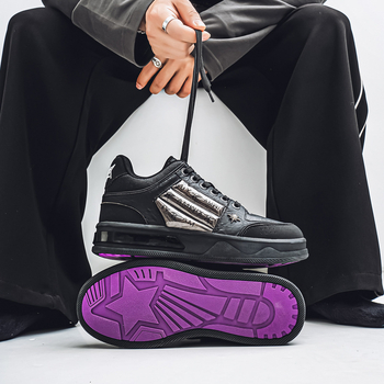 Adidași sport negri pentru bărbați, talpă groasă și talpă cu creștere a înălțimii, inspirat de pantofi de barcă, model cu stele, încălțăminte casual sport