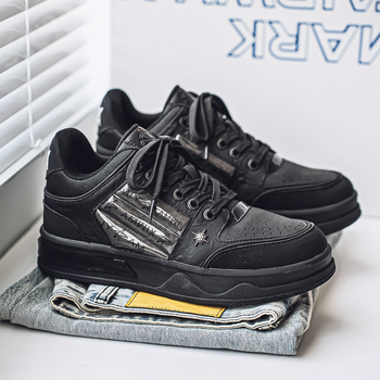 Adidași sport negri pentru bărbați, talpă groasă și talpă cu creștere a înălțimii, inspirat de pantofi de barcă, model cu stele, încălțăminte casual sport