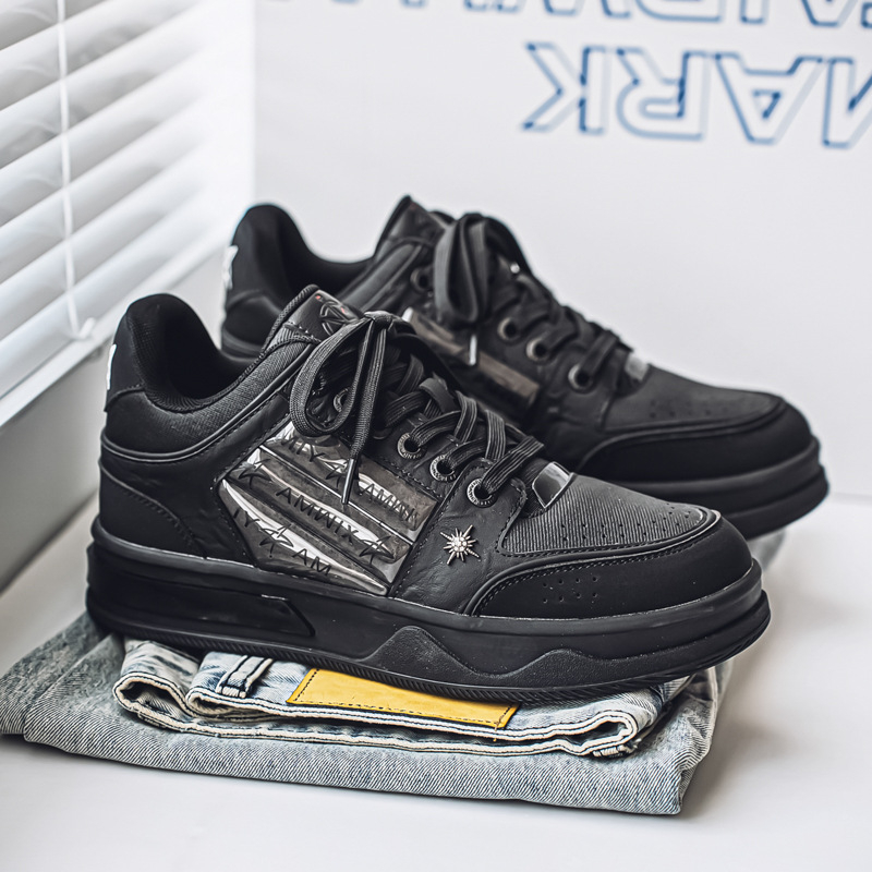 Adidași sport negri pentru bărbați, talpă groasă și talpă cu creștere a înălțimii, inspirat de pantofi de barcă, model cu stele, încălțăminte casual sport