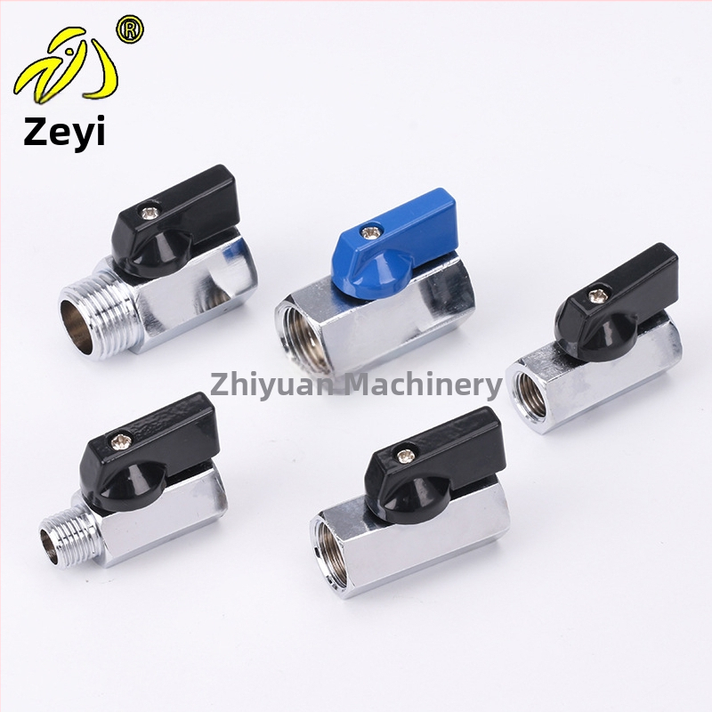 Celomedený mini guľový ventil, veľkosti 1/4, 3/8 a 1/2 palca, galvanicky pokovovaný leštený povrch, pre systémy filtrácie vody, s vonkajším a vnútorným závitom